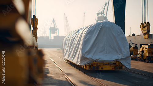 Large cargo covered with white tarp on transport cart, ready for shipment at an industrial port with cranes under bright sky