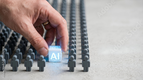 Hand Placing AI Cube Among Human Figurines Symbolizing Automation and Future Technology