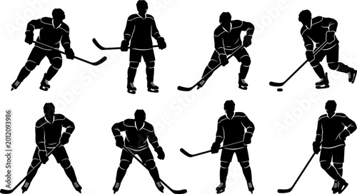Canvas Print Set of Eight Ice Hockey Player Silhouettes in Dynamic Action Poses with Sticks a