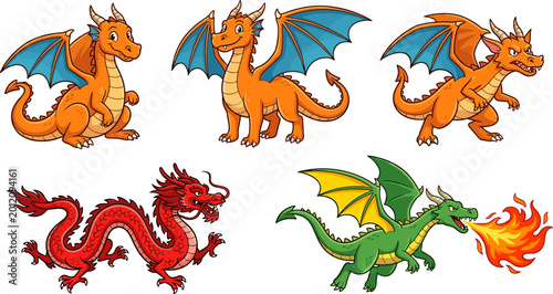 Set of Five Colorful Cartoon Dragon Characters Including Cute Orange Monsters a Traditional Red Chinese Dragon and a Green Fire Breathing Beast for Kids Designs