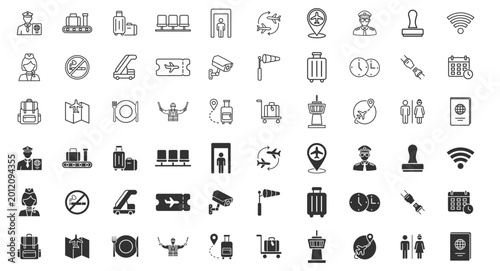 Airport Travel and Security Line Icons Set