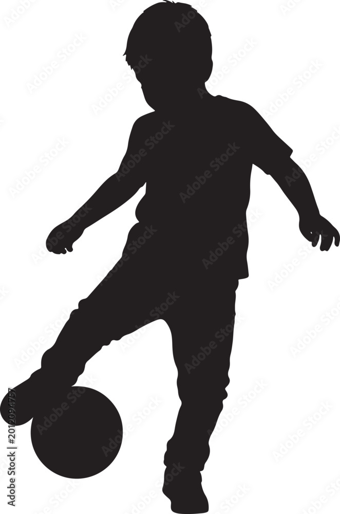 Obraz premium Silhouette of a child kicking a soccer ball with sports equipment
