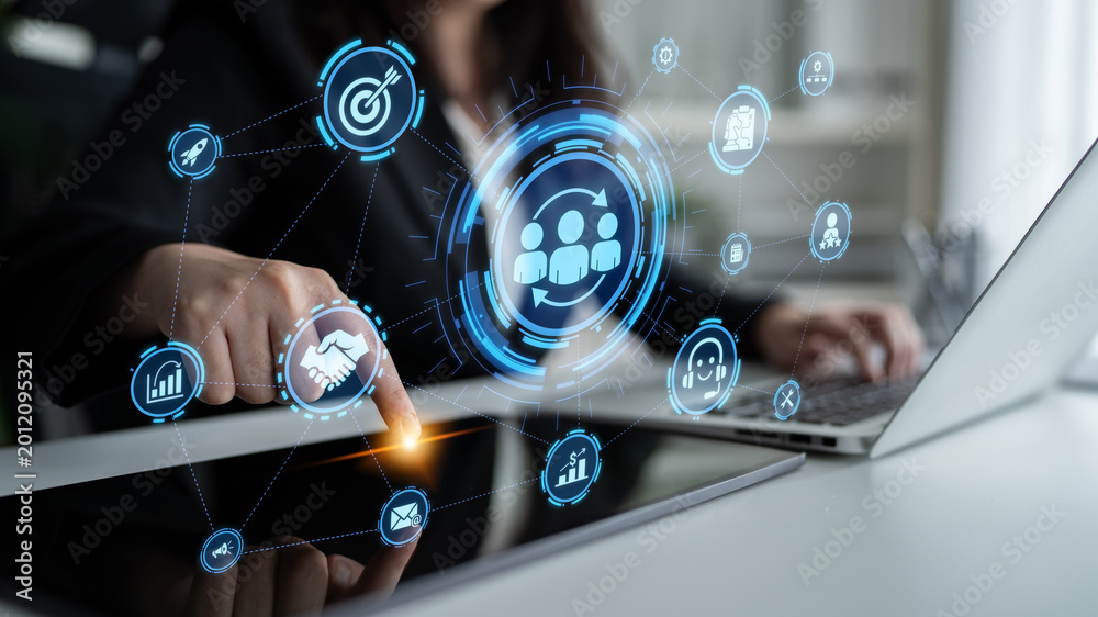 Fototapeta premium CRM platforms improve customer relationships through data analysis, CRM communication tools, and automation. CRM systems support customer management, tracking, and CRM relationship success. Entice