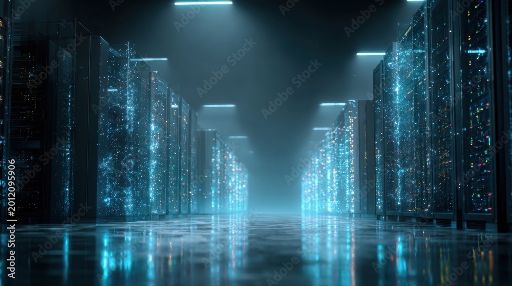 Fototapeta premium Futuristic data center hallway illuminated with blue digital particles showcasing advanced technology and high-capacity server racks in a modern computing environmen