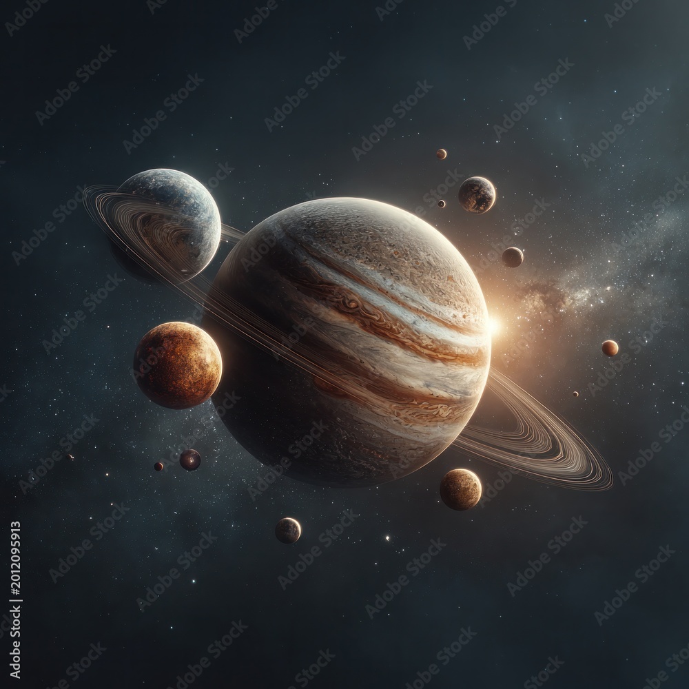 Obraz premium Cosmic scene with giant gas planet and surrounding celestial bodies