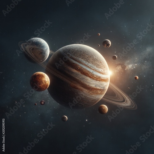 Cosmic scene with giant gas planet and surrounding celestial bodies
