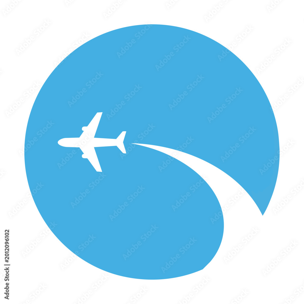 Naklejka premium Minimalist white airplane silhouette flying with a sweeping contrail against a sky blue circular backdrop isolated on white travel and aviation concept