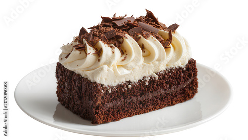 Fotografía Isolated chocolate cake slice with fluffy whipped cream and delicious dark choco