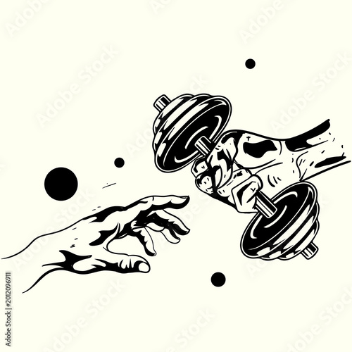 Hand Illustration Inspired by The Creation of Adam Holding a Dumbbell for Gym Logo Design