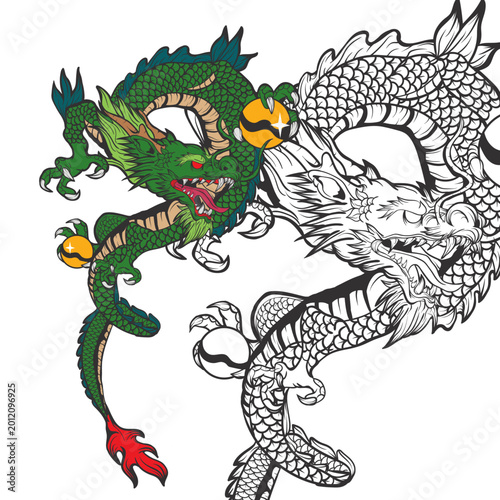 Green Dragon Illustration Holding a Yellow Ball for Tattoo and Unique Design Needs