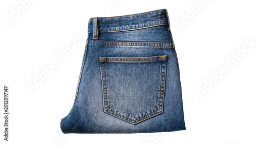 Konstfotografi Isolated neatly folded blue denim jeans, back view displaying pocket and belt lo