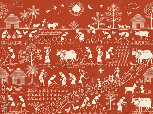 A beautiful illustration in the traditional Indian Warli folk art style, featuring a terracotta background with white stick figures. The artwork depicts various rural activities including farming, 