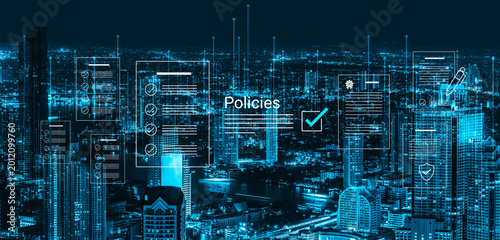 Konstfotografi Stunning urban skyline illuminated at night, enhanced with digital visualizations of policies and data, illustrating modern technology impact on city living and business management