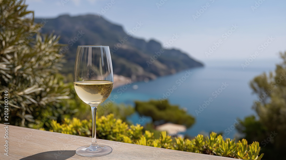 Naklejka premium Glass of white wine at a restaurant overlooking a beautiful Mediterranean landscape in Italy, wine and sea view concept, with copy space