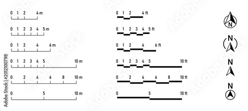 Valokuva Linear Scale Bar Cartography Symbol Sign Meter Measurement Element Icon Set for Map or Site Plan