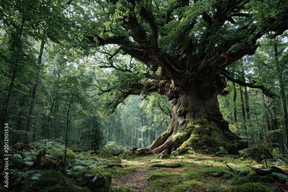 Fototapeta premium Enchanting Old Oak Tree in Lush Forest