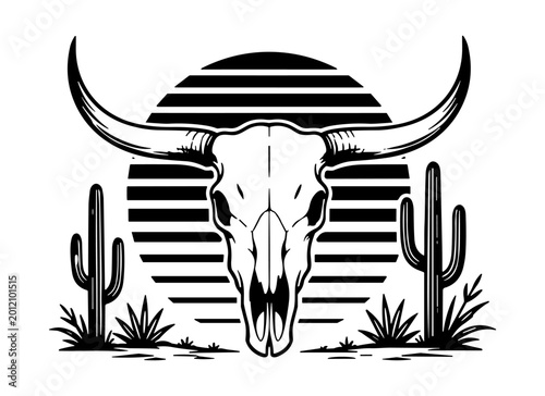 Longhorn Bull Skull Desert Sunset with Cactus Landscape Vector Silhouette Illustration Cricut EPS