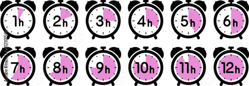 Obraz na płótnie 時間を示す時計のアイコン（alarm clock icon　1h/2h/3h/4h/5h/6h/7h/8h/9h/10h/11h/12h）