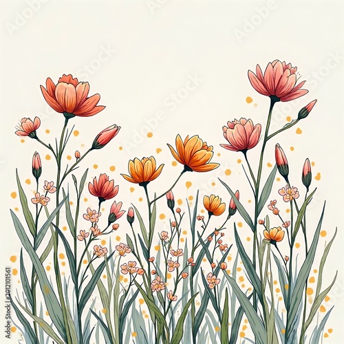 フラワー, イラスト, お花, はな, 花, オレンジの花, 野花, 植物, お祝い, レター, 野原, ポピー, 自然, サマー, 赤, 庭, 植える, 美しさ, 草, フローラル, オレンジ, 咲く, 美しい, 色, 黄色, 水色, フレーム, デコレーション, 葉, 花束, 壁紙, ピンク, 装飾品, デイジー、