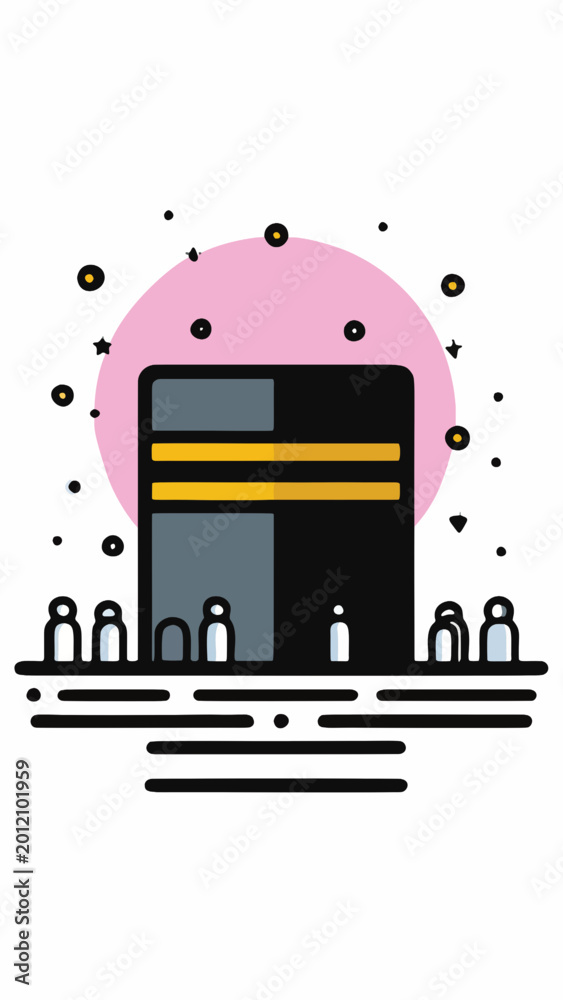 Obraz premium Minimalist Vector Illustration Featuring the Sacred Cube Structure and Pilgrims during a Spiritual Islamic Journey of Faith and Devotion