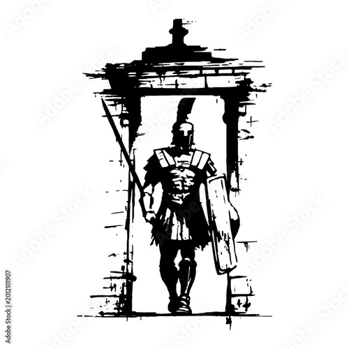 Obraz na płótnie Ancient roman soldier standing guard in stone archway with spear and shield