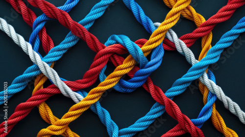 Color rope knots crossing on blue background symbol of confusion and choices visual