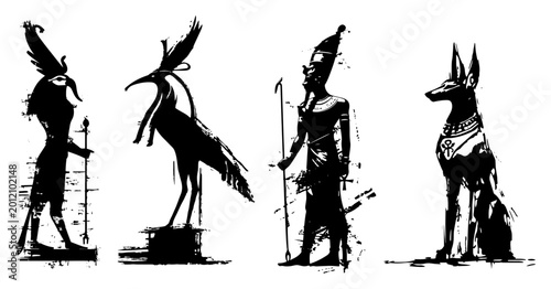 Tableau sur toile Set of ancient Egyptian gods and symbols in rough ink sketch style