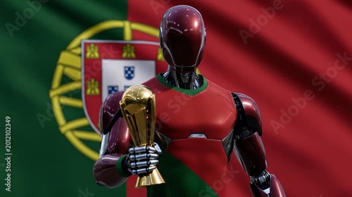 A robot in red and green colors holding a golden trophy with the Portugal flag in the background, a soccer concept.