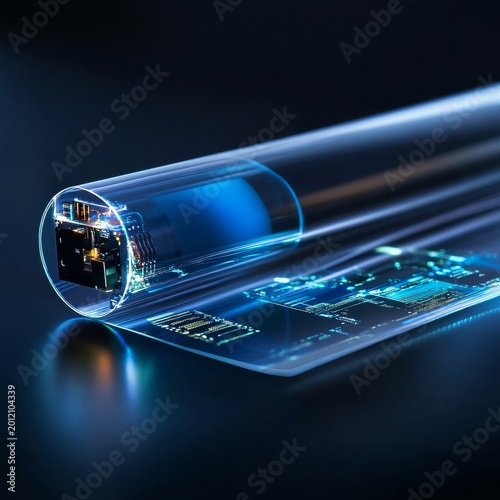 Abstract glowing blue tube transforms into an illuminated flexible circuit board, visualizing rapid data flow, optical communication and future tech. Connectivity, Innovation