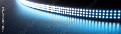 Bright three-row LED strip curves on a textured dark ground, casting radiant blue reflections. Modern abstract light path, digital technology concept. Illumination, Future