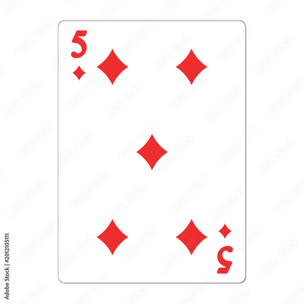 Obraz premium Five of diamonds. Playing card with golden elements. Casino icons. Pictograms representing different suits. Vector illustration. Flat design for modern visual elements.