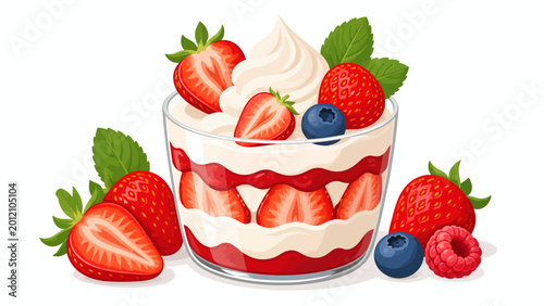 A delectable dessert of strawberries, cream, and berries arranged artistically