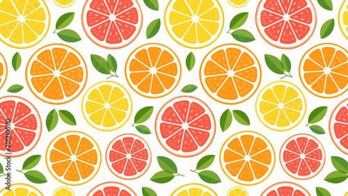 A vibrant pattern of sliced citrus fruits and leaves, creating a cheerful and refreshing design. The pattern showcases various citrus fruits, including oranges, grapefruits, and lemons.