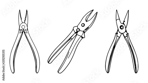 Cuadro en lienzo Pliers set with black line art illustration featuring hand tool, mechanical, cut