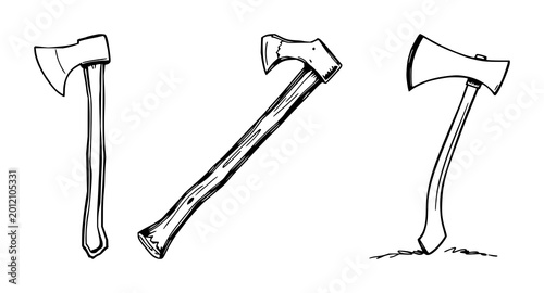 Tableau sur toile Axe set with simple outline illustration featuring weapon, tool, chopper with ha