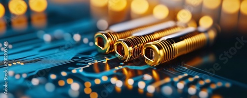 Close-up of three golden precision connectors on a vibrant, glowing blue circuit board with warm bokeh. Represents advanced digital technology and interconnected