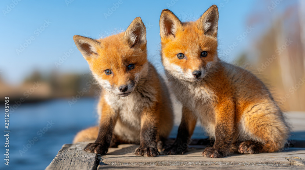 Obraz premium Two curious young foxes sitting side by side on a wooden dock with a blurred river and natural background under clear blue sky in soft sunlight