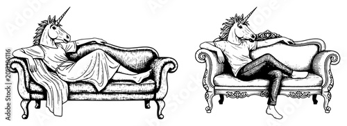 Fotografie Unicorn people relaxing on vintage sofas in detailed engraving style