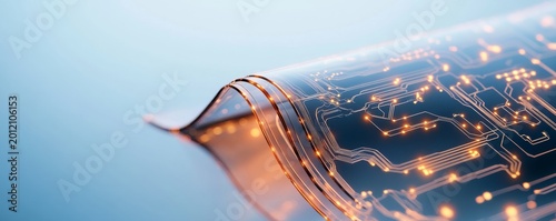 Dynamic close-up of a flexible, transparent layered circuit board with glowing orange paths, representing AI, future tech, data flow and innovation. ,Flexible electronics ,Digital