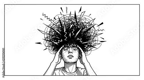 Photos Person suffering from stress or headache with chaotic thoughts exploding from he