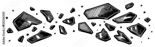 Cuadro en lienzo Sharp shards of broken glass scattered across a white background in detailed woo
