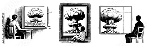 Tableau sur toile People watching nuclear mushroom cloud explosion through windows and frames in v
