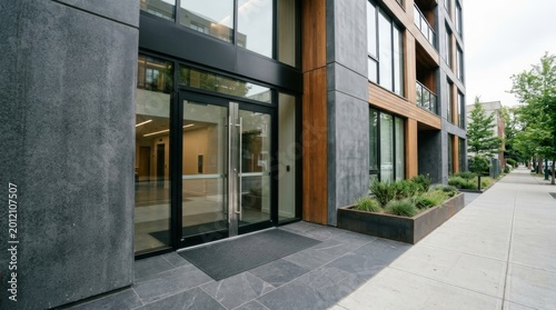 Modern apartment building entrance with glass doors and wooden canopy. Contemporary urban residential architecture. Exterior design featuring concrete and plants in city complex.