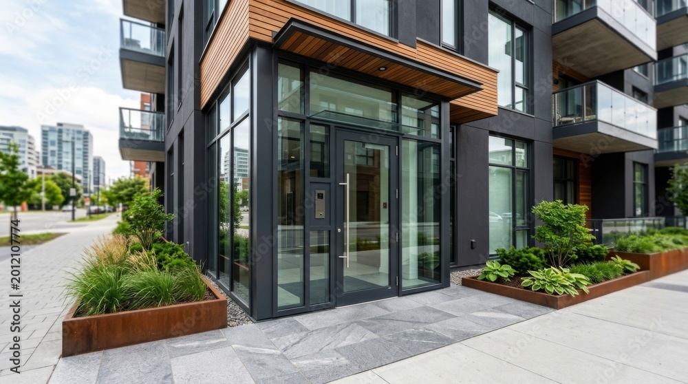 Fototapeta premium Modern apartment building entrance with glass doors and wooden canopy. Contemporary urban residential architecture. Exterior design featuring concrete and plants in city complex.