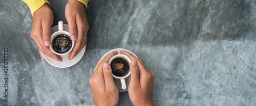Bild auf Leinwand Banner Close up Hands holding coffee cup