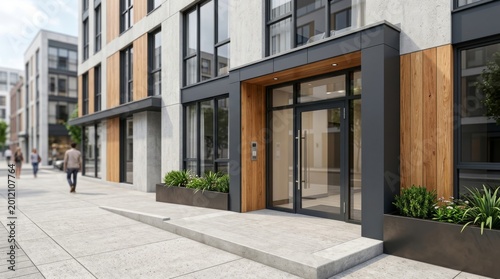 Modern apartment building entrance with glass doors and wooden canopy. Contemporary urban residential architecture. Exterior design featuring concrete and plants in city complex.