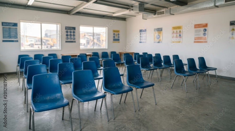Fototapeta premium Empty training room with rows of blue chairs around tables. Safety signs on walls including hard hats and emergency exits. Construction site classroom for worker education and preparedness.