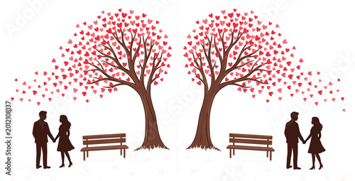 фотографія Romantic couple with heart shaped trees and park bench love landscape illustrati