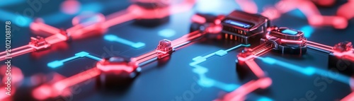 Panoramic close-up Glowing red and blue data lines flow across a dark futuristic circuit network with intricate components, visualizing AI and digital communication. ,Tech ,Networking