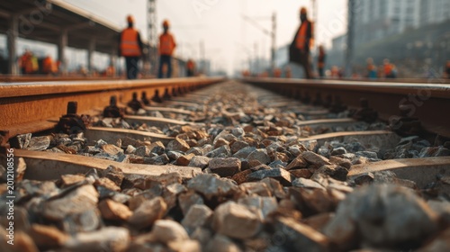 Perspective view along railway tracks with gravel stones and workers wearing safety vests inspecting the train station under warming daylight haze